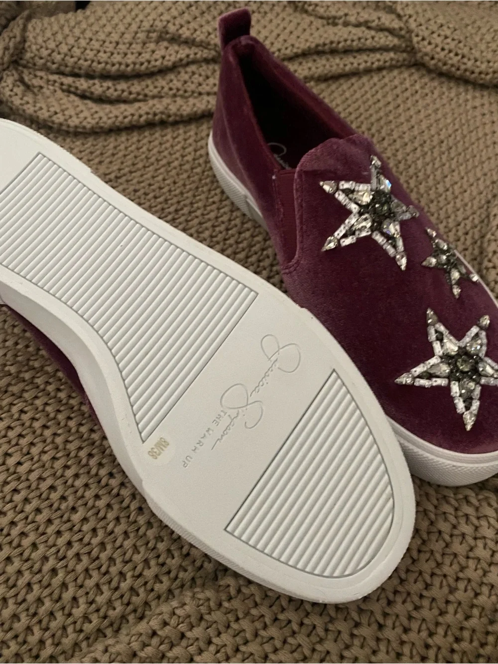 Jessica Simpson burgundy velvet rhinestone loafers slip ons 8 NEW